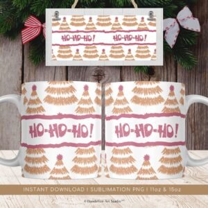 Christmas Mug Sublimation PNG, Cute Christmas Tree Pattern PNG, Ho Ho Ho Christmas Mug, Transfer Mug Press, Wrap Template, Instant Download.