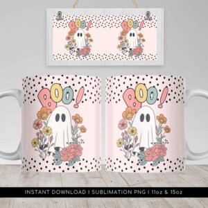 Retro Floral Ghost PNG Mug, Cute Halloween Mug PNG, Vintage Ghost Sublimation Mug, Spooky Season Wrap Transfers 11oz & 15oz, Boo PNG Mug.