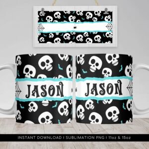 Halloween Sublimation Mug, Add Name Custom Mug PNG, Halloween Skull Pattern Mug, Mug Sublimation Template, Mug Wrap Transfers 11oz & 15oz.