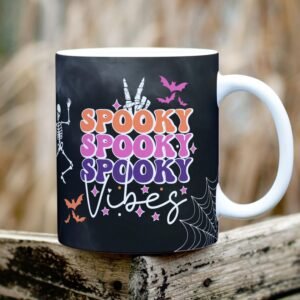 Halloween Sublimation Mug, Spooky Vibes Mug PNG, Halloween Skull Pattern Mug, Funny Mug Sublimation Template, Mug Wrap Transfers 11oz & 15oz