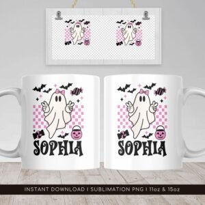 Halloween Sublimation Mug, Custom Kids Name Mug PNG, Retro Ghost PNG Mug, Treat or Tricks Mug Sublimation Template, Mug Wrap 11oz & 15oz.
