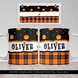 Halloween Pumpkin Mug PNG, Custom Name Sublimation Mug, Pumpkin Face Pattern Mug PNG, Halloween Mug Wrap Transfers 11oz & 15oz, Fall PNG Mug