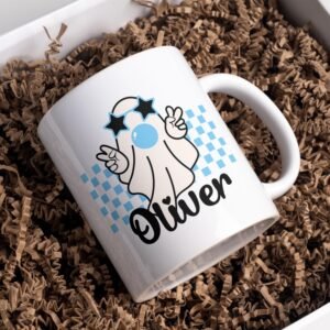Halloween Sublimation Mug, Custom Kids Name Mug PNG, Retro Ghost PNG Mug, Bubble Gum Ghost Mug Sublimation Template, Mug Wrap 11oz & 15oz.