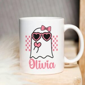 Halloween Sublimation Mug, Custom Kids Name Mug PNG, Retro Ghost PNG Mug, Cute Girly Ghost Mug Sublimation Template, Mug Wrap 11oz & 15oz.