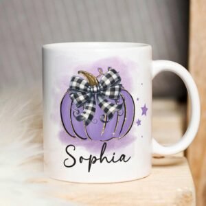 Pumpkin Checkered Bow Mug PNG, Custom Name Mug Sublimation, Pumpkin Coquette Mug PNG, Halloween Mug Wrap Transfers 11oz & 15oz, Fall PNG Mug