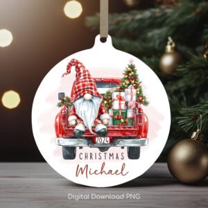 Personalized Christmas Ornament, Xmas Gnome Truck PNG, Christmas Keepsake Sublimation Template, PNG Wrap Transfers Design, Xmas Bauble PNG.