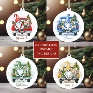 Personalized Christmas 2024 Ornament Bundle, Round Ornament Sublimation PNG, Instant Digital Download, Custom Gnome Truck Keepsake Designs.