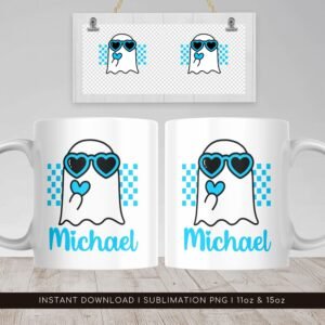 Halloween Sublimation Mug, Custom Kids Name Mug PNG, Retro Ghost PNG Mug, Cute Blue Ghost Mug Sublimation Template, Mug Wrap 11oz & 15oz.