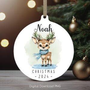 Personalized Christmas Ornament, Cute Baby Deer PNG Instant Download, Christmas Keepsake Sublimation Template, PNG Wrap Transfers Design.
