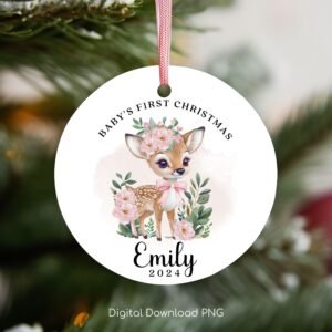 Personalized Baby's 1st Christmas Ornament, Cute Baby Deer PNG Instant Download, Christmas Sublimation Ornament, PNG Wrap Transfers Design.