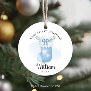 Personalized Baby's 1st Christmas Ornament, Cute Baby Boy Stocking PNG, Xmas Custom Round Ornament Design, Christmas Baby Sock Sublimation.