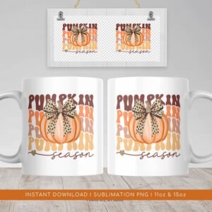 Pumpkin Leopard Bow Mug PNG, Autumn Mug Sublimation, Pumpkin Coquette Mug PNG, Thanksgiving Mug Transfer Wrap Design, Fall Season PNG Mug.