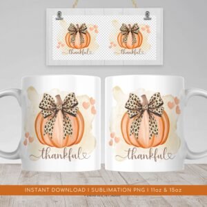 Pumpkin Leopard Bow Mug PNG, Autumn Mug Sublimation, Pumpkin Coquette Mug PNG, Thanksgiving Mug Transfer Wrap Design, Fall Season PNG Mug.