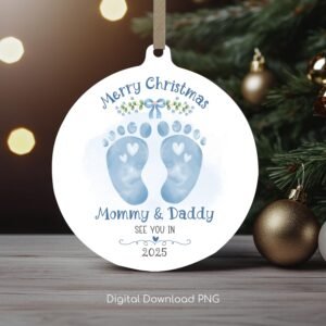 Mommy and Daddy Christmas Ornament PNG, Pregnancy Announcement PNG, Xmas Sublimation Bauble, Baby Footprint Ornament, Xmas Keepsake Wrap.