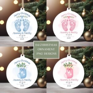 Christmas Pregnancy Announcement Ornament PNG Bundle, Baby Announcement Sublimation, Baby Stocking Bauble PNG, Baby Footprint Keepsake PNG.