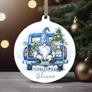 Personalized Christmas Ornament, Xmas Gnome Truck PNG, Christmas Keepsake Sublimation Template, PNG Wrap Transfers Design, Xmas Bauble PNG.