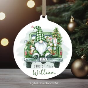 Personalized Christmas Ornament, Xmas Gnome Truck PNG, Christmas Keepsake Sublimation Template, PNG Wrap Transfers Design, Xmas Bauble PNG.