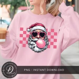 Bubble Gum Santa PNG, Christmas Sublimation, Vintage Santa With Heart Sunglasses PNG, Retro Holidays PNG, Checkered Santa Blowing Bubble Png