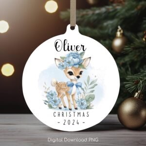 Personalized Christmas Ornament, Cute Baby Deer PNG Instant Download, Christmas Keepsake Sublimation Template, PNG Wrap Transfers Design.