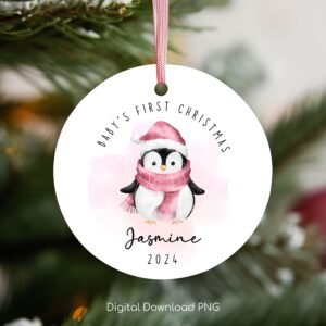Personalized Baby's 1st Christmas Ornament, Baby Penguin Keepsake PNG, Xmas Round Ornament Sublimation, Custom Name Christmas Bauble PNG.