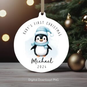 Personalized Baby's 1st Christmas Ornament, Baby Penguin Keepsake PNG, Xmas Round Ornament Sublimation, Custom Name Christmas Bauble PNG.