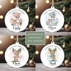 Baby's First Christmas 2024 Ornament PNG Bundle, Round Ornament Sublimation, Custom Xmas Bauble PNG, Personalized Baby Ornament Designs.
