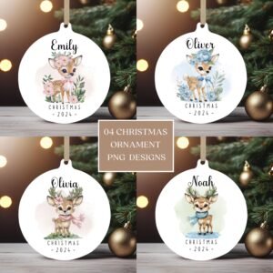 Personalized Christmas Ornament PNG Bundle, Round Ornament Sublimation, Custom Keepsake Designs, Xmas Baby Deer Bauble PNG, Digital Download