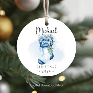 Personalized Christmas Ornament PNG, Custom Xmas Floral Sock PNG, Christmas Keepsake Sublimation, Christmas Stocking Round Ornament Design.
