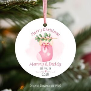 Mommy and Daddy Christmas Ornament PNG, Pregnancy Announcement Xmas Sublimation, Baby Christmas Stocking PNG, Merry Christmas Bauble PNG.