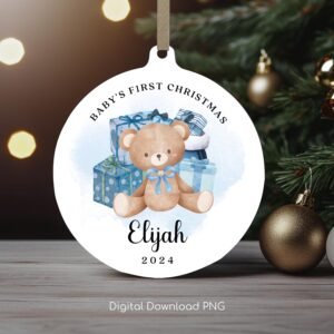 Personalized Baby's 1st Christmas Ornament PNG, Cute Baby Bear PNG, Xmas Sublimation Bauble, Christmas Keepsake, Xmas Digital Print Design.