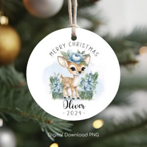 Personalized Christmas Ornament PNG, Baby Deer PNG, Christmas Keepsake Sublimation, Christmas Round Ornament Design, Xmas Custom Bauble PNG.
