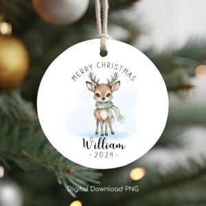 Personalized Christmas Ornament PNG, Baby Deer PNG, Christmas Keepsake Sublimation, Christmas Round Ornament Design, Xmas Custom Bauble PNG.
