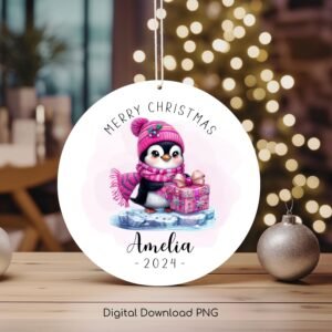 Personalized Christmas Ornament PNG, Baby Penguin PNG, Christmas Keepsake Sublimation, Christmas Round Ornament Design, Xmas Custom Bauble.