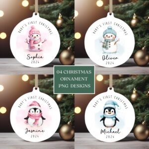 Baby's First Christmas 2024 Ornament PNG Bundle, Round Ornament Sublimation, Custom Xmas Bauble PNG, Personalized Baby Ornament Designs.