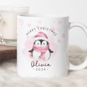 Christmas Mug PNG, Xmas Custom Name PNG Mug, Christmas Penguin Sublimation Mug, Transfer Wrap Personalized Mug Template, Instant Download.