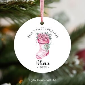 Baby's First Christmas Ornament PNG, Personalized Xmas Keepsake Sublimation, Baby Stocking Christmas Round Ornament PNG, Xmas Custom Bauble.
