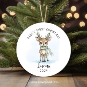 Baby's First Christmas Ornament PNG, Personalized Xmas Keepsake Sublimation, Baby Deer Christmas Round Ornament PNG, DIY Xmas Custom Bauble.