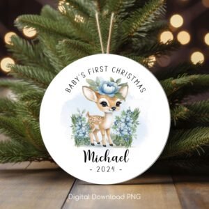 Baby's First Christmas Ornament PNG, Personalized Xmas Keepsake Sublimation, Baby Deer Christmas Round Ornament PNG, Xmas Custom Bauble PNG.