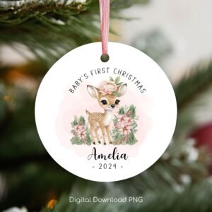 Baby's First Christmas Ornament PNG, Personalized Xmas Keepsake Sublimation, Baby Deer Christmas Round Ornament PNG, Xmas Custom Bauble PNG.