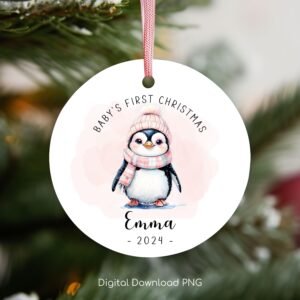 Baby's First Christmas Ornament PNG, Personalized Xmas Keepsake Sublimation, Baby Penguin Christmas Round Ornament PNG, Xmas Custom Bauble.