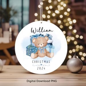 Christmas PNG Personalized Ornament, Christmas Bear PNG, Christmas Keepsake Sublimation Template, Kids Custom Name PNG Design, Xmas Bear Png