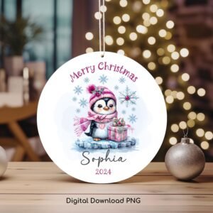 Christmas PNG Personalized Ornament, Christmas Penguin PNG, Merry Christmas Keepsake Sublimation Template, Kids Custom Name PNG Design.