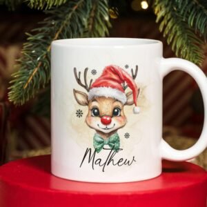 Christmas Reindeer PNG Mug, Xmas Kids Custom Name PNG Mug, Christmas Sublimation Mug, Transfer Wrap Mug Template, Santa Hat Reindeer PNG.