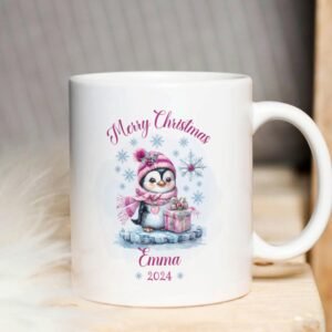 Christmas Mug PNG, Xmas Custom Name PNG Mug, Christmas Penguin Sublimation Mug, Transfer Wrap Personalized Mug Template, Instant Download.
