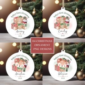 Baby's First Christmas 2024 Ornament PNG Bundle, Round Ornament Sublimation, Custom Xmas Bauble PNG, Personalized Baby Ornament Designs.