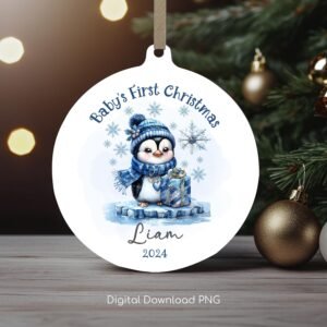 Personalized Baby's 1st Christmas Ornament, Baby Penguin Keepsake PNG, Xmas Round Ornament Sublimation, Custom Name Christmas Bauble PNG.