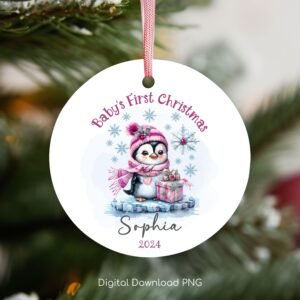 Personalized Baby's 1st Christmas Ornament, Baby Penguin Keepsake PNG, Xmas Round Ornament Sublimation, Custom Name Christmas Bauble PNG.