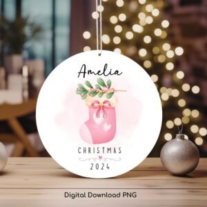 Christmas PNG Personalized Ornament, Xmas Stocking PNG, Christmas Keepsake Sublimation Template, Kids Custom Name PNG Design, Xmas Socks Png