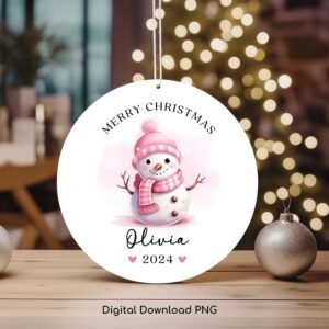 Christmas PNG Personalized Ornament, Christmas Snowman PNG, Merry Christmas Keepsake Sublimation Template, Kids Custom Name PNG Design.