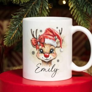 Christmas Reindeer PNG Mug, Xmas Kids Custom Name PNG Mug, Christmas Sublimation Mug, Transfer Wrap Mug Template, Santa Hat Reindeer PNG.